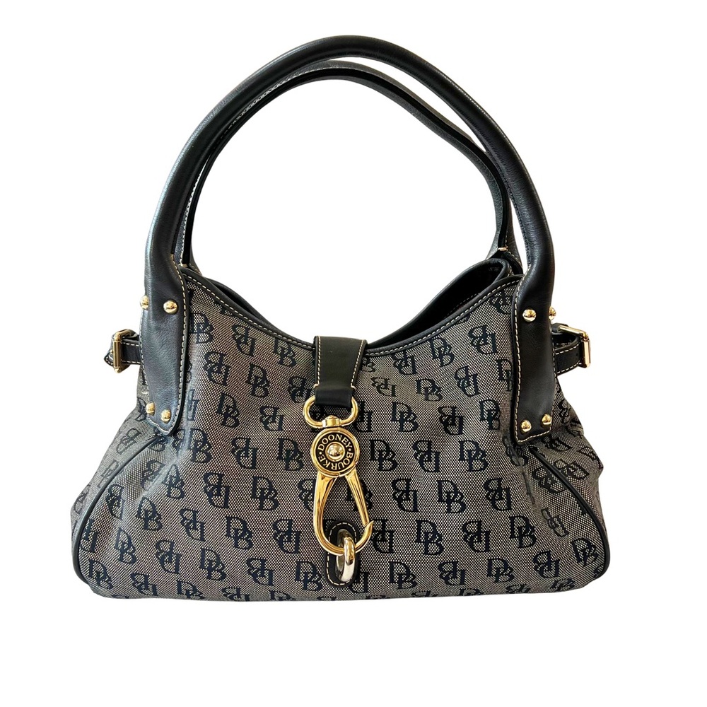 Dooney & Bourke Signature Logo Lock Monogram Shoulder Bag in Brown and Gold